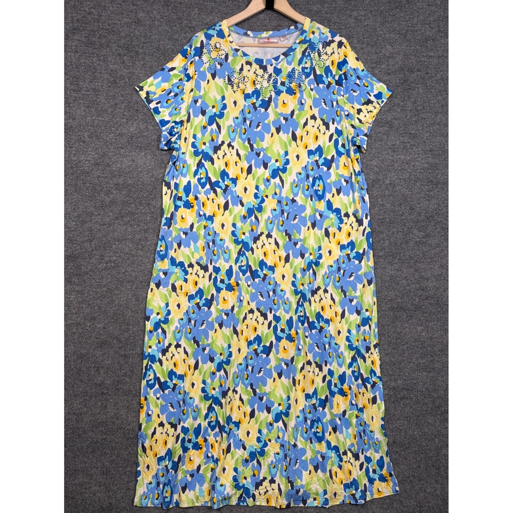 Quacker Factory Plus Size 1X Maxi Shift Dress Blue Yellow Beaded Abstract Flora
